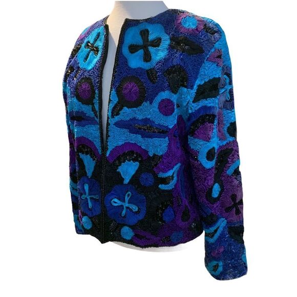 Vtg Rear Life & Style fashions Inc. 100% Pure Silk Ribbon Beaded Sequin Jacket M - Picture 6 of 13